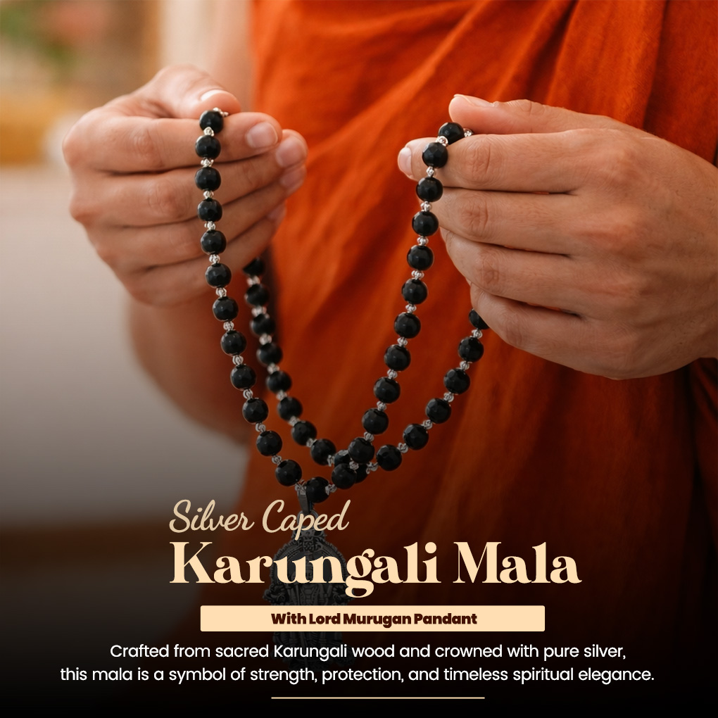 Silver Caped Karungali Mala With Lord Murugan Pendant